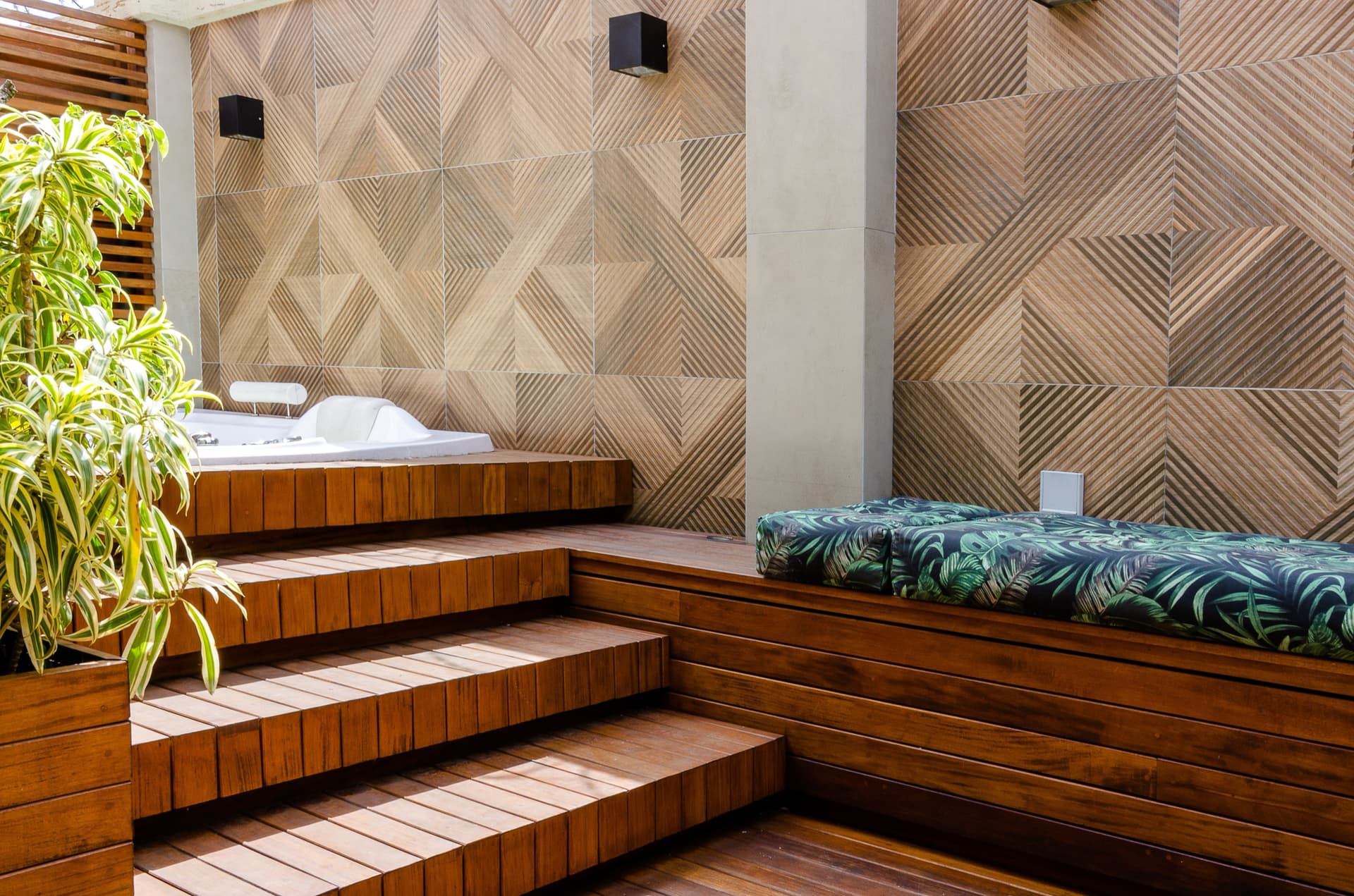 Outdoor living space with steps and hot tub